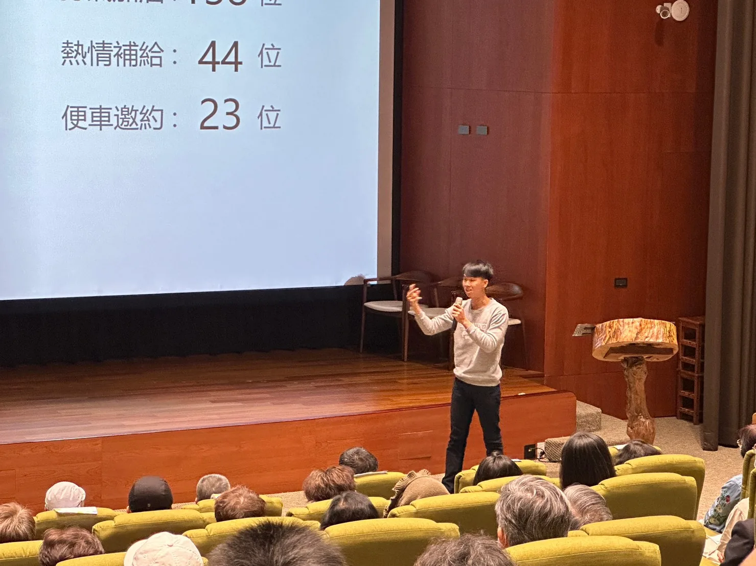 簡報投影出「熱情補給:44 位」「便車邀約:23 位」,講者在台前拿著麥克風說明